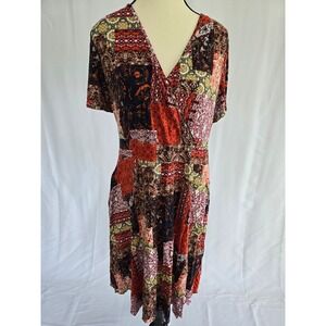 DB Moon‎ 2XL Patchwork Print Dress Short Sleeve Casual V Neck